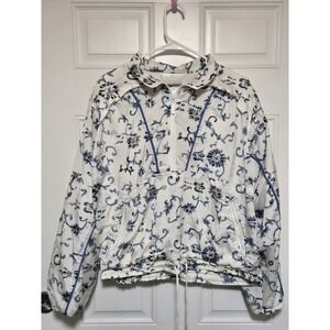 Vtg Adidas Jacket Womens Sz Large Floral White‎ Blue Full Zip Shoulder Pads